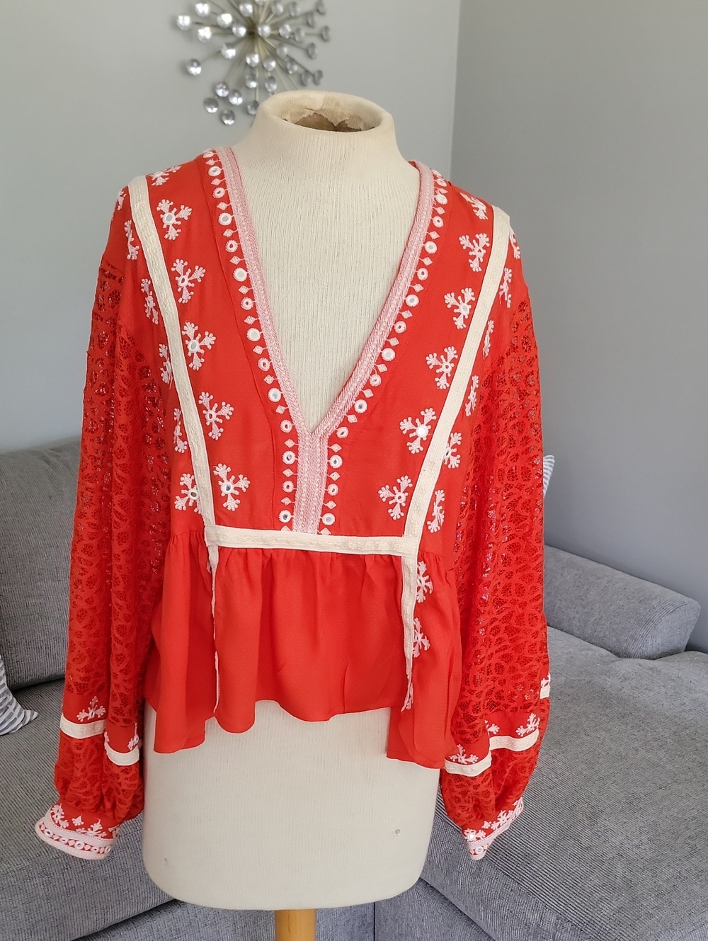 Free People Scarlet Orange Embroidered V-Neck Blouse